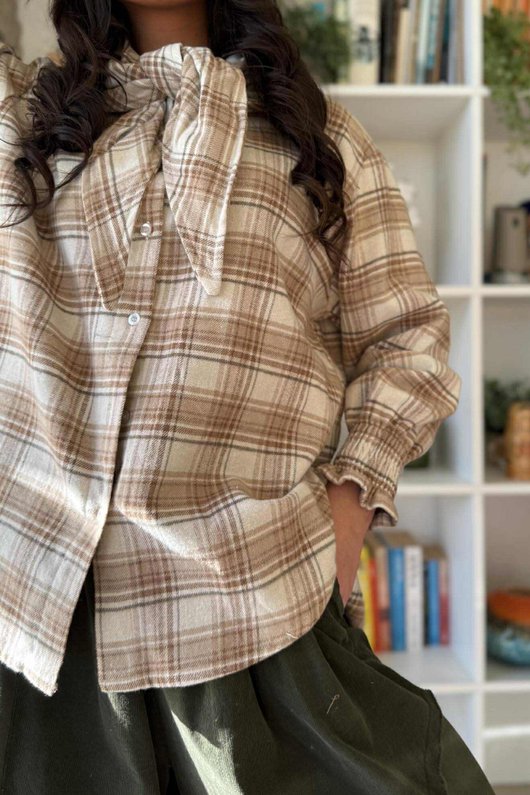 Agnes Plaid Brushed Cotton Neckerchief Blouse Camel